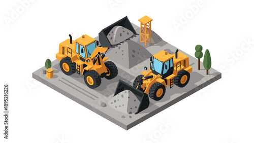 Isometric construction site with bulldozers and equipment