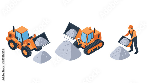 Isometric construction equipment and worker with bulldozers and excavator