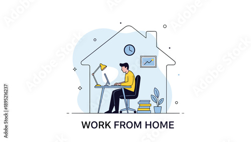 Man working on a laptop inside the outline of a house, work from home and remote employment lifestyle concept vector flat style illustration.