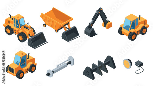 Isometric construction equipment set with bulldozer, excavator, and accessories