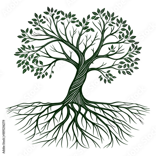 Vector art showing heart-shaped tree roots underground, symbolizing deep connections and the foundation of life.