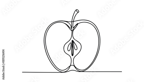 One continuous line illustration of an apple slice, isolated on white background.