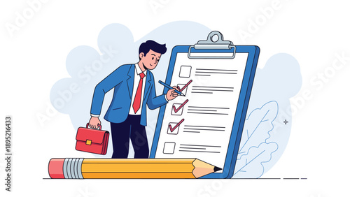 Professional businessman checking off items on a giant clipboard list with a pencil, task completion and quality control concept illustration.