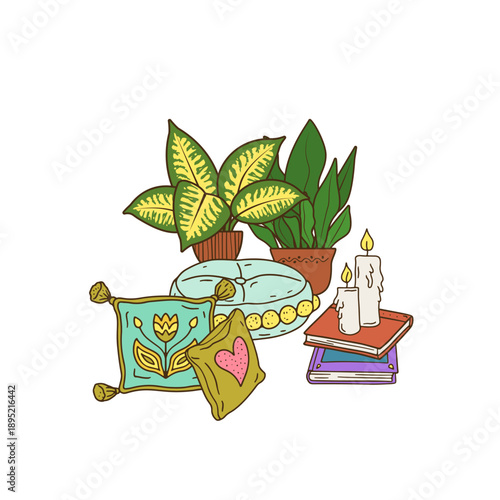 Cozy scandinavian lifestyle scene with books and pillows on the floor. Hand drawn line art peaceful home still life
