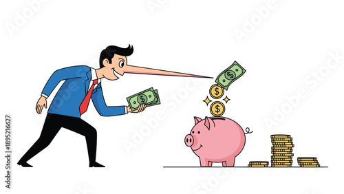 Dishonest businessman with a long nose stealing money from a piggy bank, fraud and corruption in finance concept vector flat style illustration.
