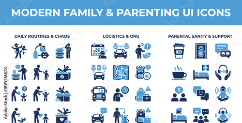 Modern Family and Parenting UI Icons for Daily Routines, Logistics and Parental Support
