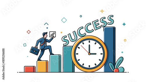 Businessman climbing stairs of a bar graph next to a large clock, career growth and time management for success concept vector illustration.