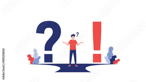 Confused man standing at a crossroad between a large question mark and exclamation mark, representing a difficult choice.