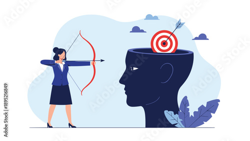 Businesswoman aiming her bow and arrow at a target placed inside a human head silhouette to symbolize mental focus.