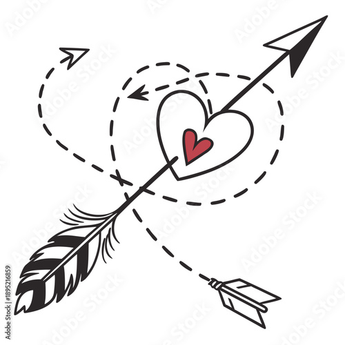 A clean vector art drawing of an arrow trail creating a heart path, symbolizing a journey of love and romance.