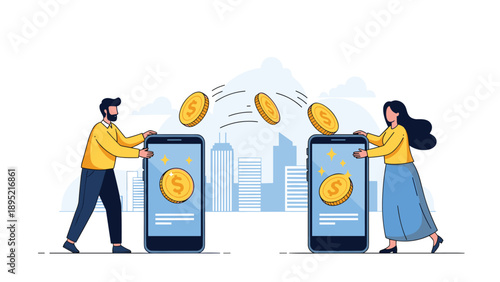 Young man and woman performing a quick and secure digital money transfer using large mobile phones in a city setting.