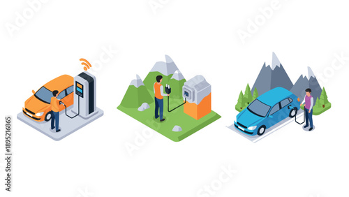 Isometric electric car charging at stations with mountains and charging ports