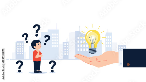 Young boy looking thoughtful with question marks around him while a large hand offers a bright light bulb as an idea.