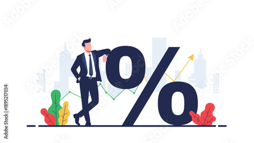 Successful businessman leaning confidently against a massive percentage sign with financial growth charts in the background.