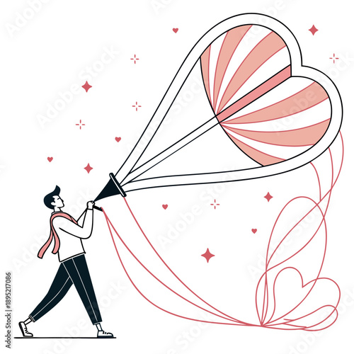 Futuristic love energy manifests as a glowing orb expanding and shaping into a heart form, representing creation and affection. Vector art.