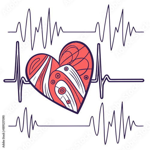 Abstract technological vector illustration of a love energy pulse forming a heart shape within a waveform, symbolizing emotional connection.
