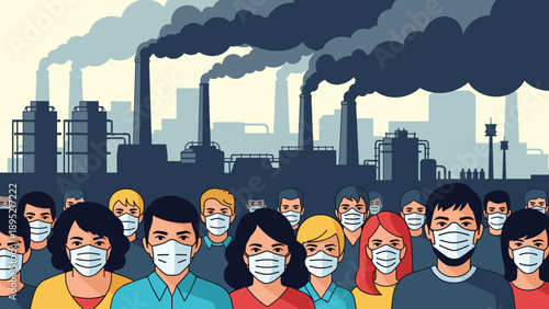 Large crowd of people wearing protective face masks in front of a massive industrial factory emitting dark smoke.