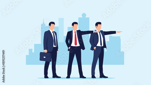Group of three identical businessmen standing together in front of a city skyline with one leader pointing ahead.