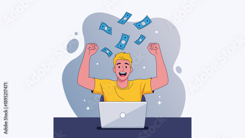 Man celebrating success with money falling around him, online earnings and financial gain concept, flat vector illustration