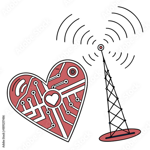 Abstract love signal waves emanating from a glowing heart core, symbolizing technological romance and connection. Vector art.