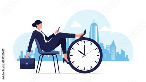 Professional businesswoman relaxing on an office chair with her feet resting on a giant clock in a city setting.