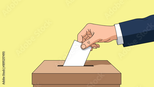 Human hand placing a white paper ballot into a wooden voting box to represent the democratic election process.