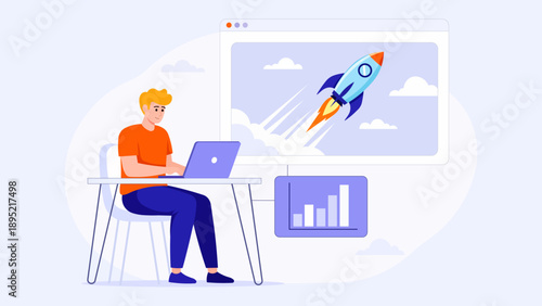 Man working on laptop launching a rocket ship into sky, startup success and business growth concept, flat vector illustration