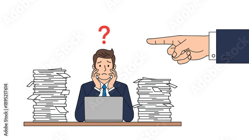 Overwhelmed businessman sitting at his desk with huge piles of paperwork while a giant hand points at him accusingly.
