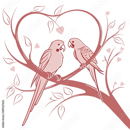 Two lovebirds perched on an abstract branch form a heart shape with their bodies, symbolizing love, partnership, and nature's romance.