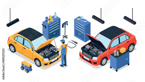 Isometric auto repair shop with mechanic and cars in garage workshop