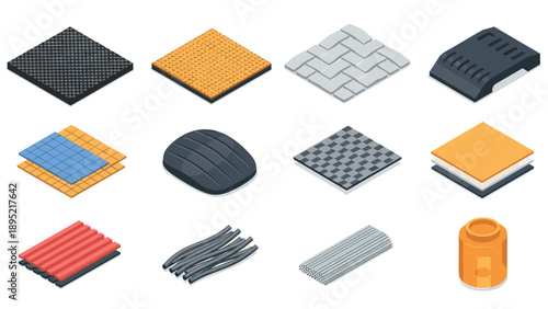 Isometric construction materials set featuring bricks, tiles, pipes, steel, and flooring patterns