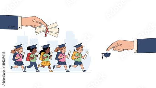 Massive hands handing out diplomas to a group of young graduates while one graduation cap is seen falling nearby.