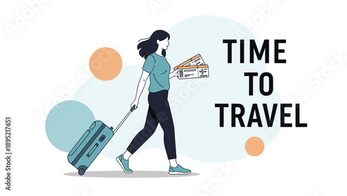 Young woman walking happily with her luggage suitcase and flight tickets to represent the joy of traveling abroad.