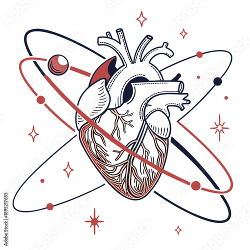 Energetic sparks form a vibrant trail orbiting a glowing technological heart, conveying a sense of digital love and futuristic connection.