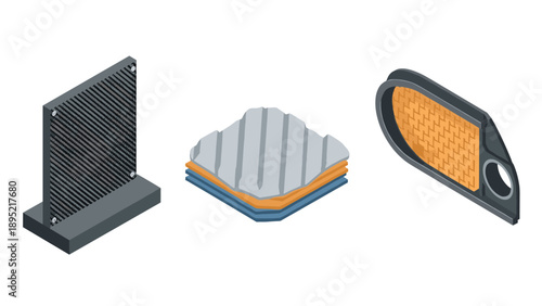Isometric car parts: radiator, disc brake, and air filter set for automotive design