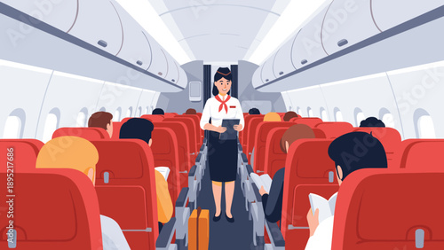 Friendly flight attendant standing in the middle aisle of an airplane cabin filled with seated passengers today.