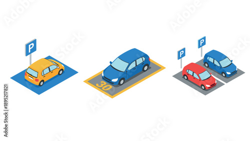 Isometric car parking set with blue and red vehicles in designated spaces