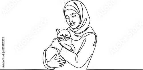 Arabian woman holding a cuddle funny cat in front of her chest. Happy woman stroking cat.one line vector illustration with white background.