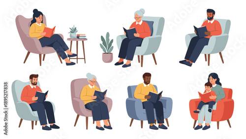 Diverse collection of men, women, and children enjoying their time reading books in comfortable armchairs at home.