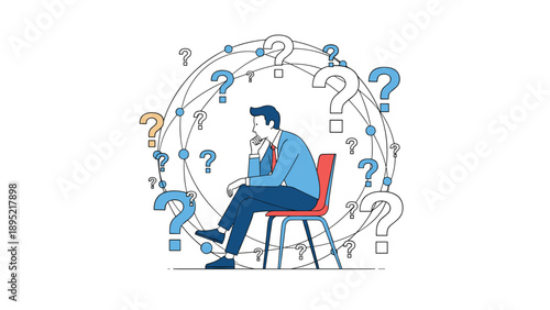 Thoughtful businessman sitting on a chair and feeling overwhelmed by many floating question marks around him.