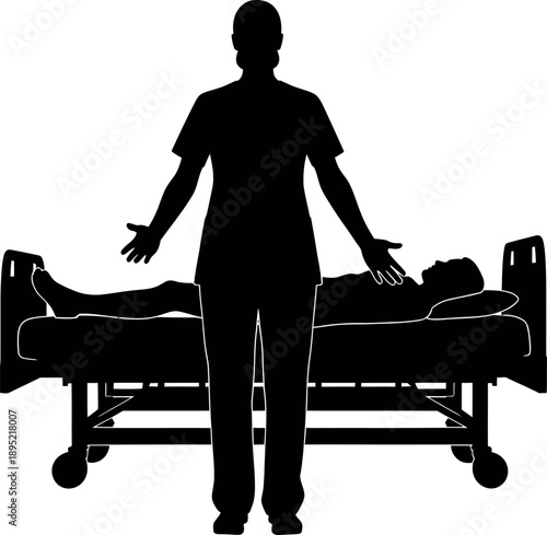 Healthcare Professional or Nurse Standing by Patient in Hospital Bed Silhouette; Clinical Care and Nursing Assistance Illustration.