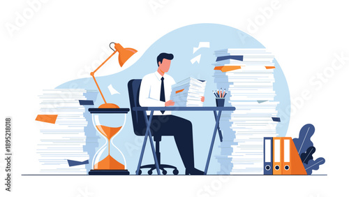 Tired businessman working late at his office desk with huge piles of papers and an hourglass showing time running out.