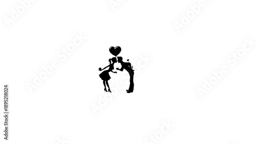 Romantic Couple Silhouette with Heart Balloon, Gift and Rose on White Background