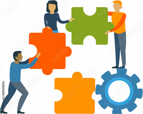 People connecting puzzle pieces with gears symbolizing teamwork and solutions