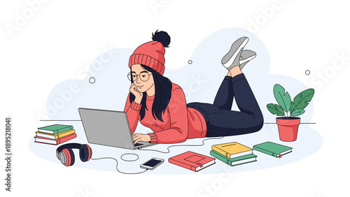 Young student girl lying on the floor while studying with her laptop, books, and headphones in a relaxed environment.