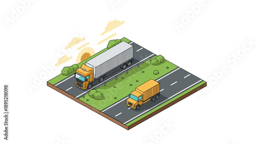 Isometric truck and road scene with sunrise in minimalist style