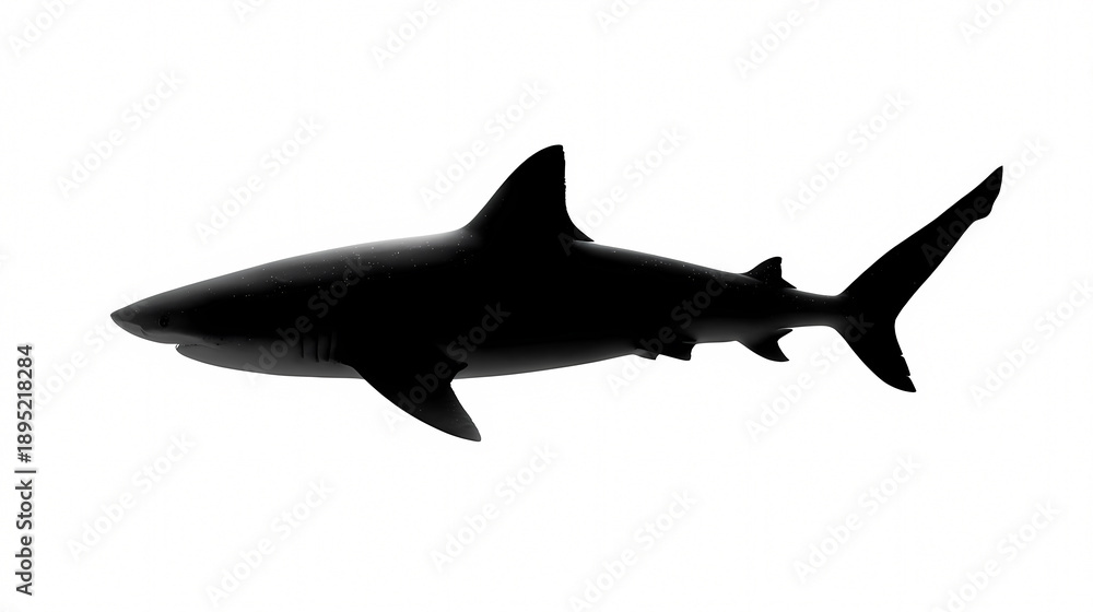 Naklejka premium Silhouette of Shark: A striking black and white silhouette of a shark gracefully glides through the water, symbolizing power and the mysteries of the ocean.