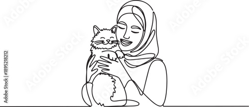 Arabian woman holding a cuddle funny cat in front of her chest. Happy woman stroking cat.one line vector illustration with white background.