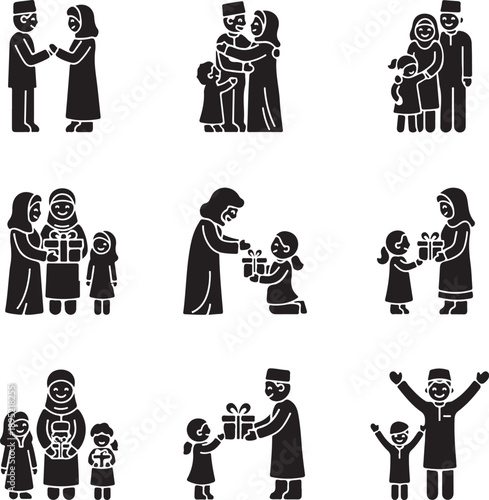 A simple black graphic depicts a mother with two children presenting a heartwarming family scene in silhouette high quality professional detailed