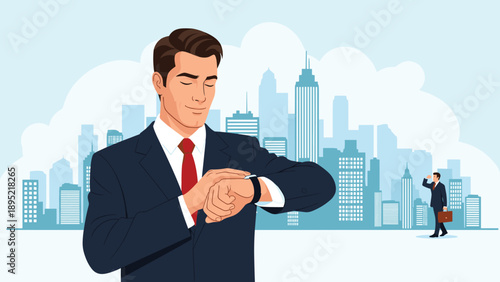 Punctual businessman checking his wristwatch against a modern city skyline while another professional waits in the distance.